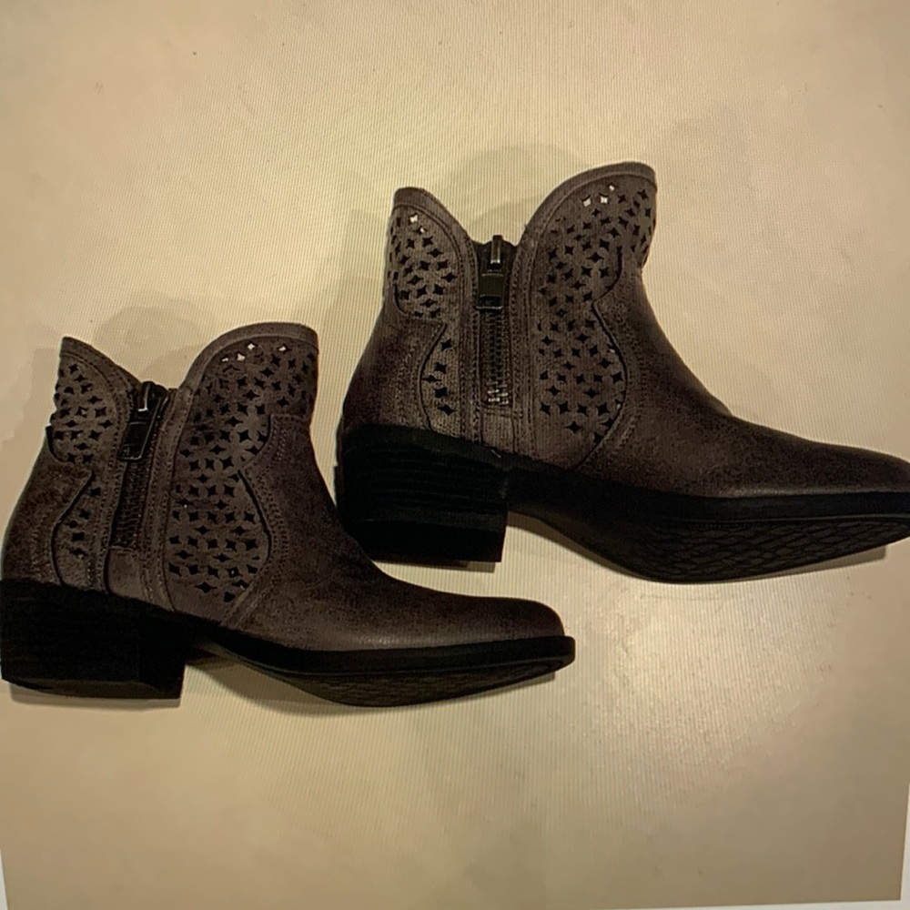 Not Rated Brown Ankle Boots with Laser-Cut Design, Grey, size 6.5, like new